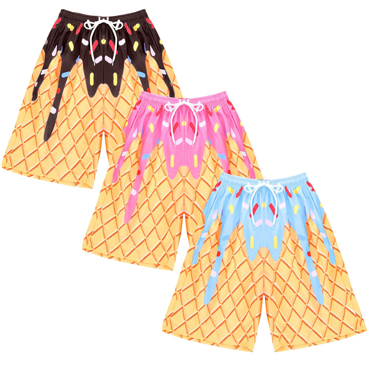 Shyyween front view of three ice cream shorts set showing colorful prints and sporty cut