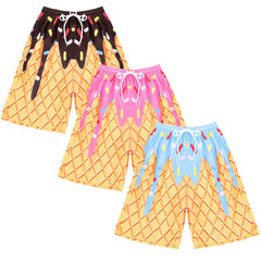 Shyyween front view of three ice cream shorts set showing colorful prints and sporty cut