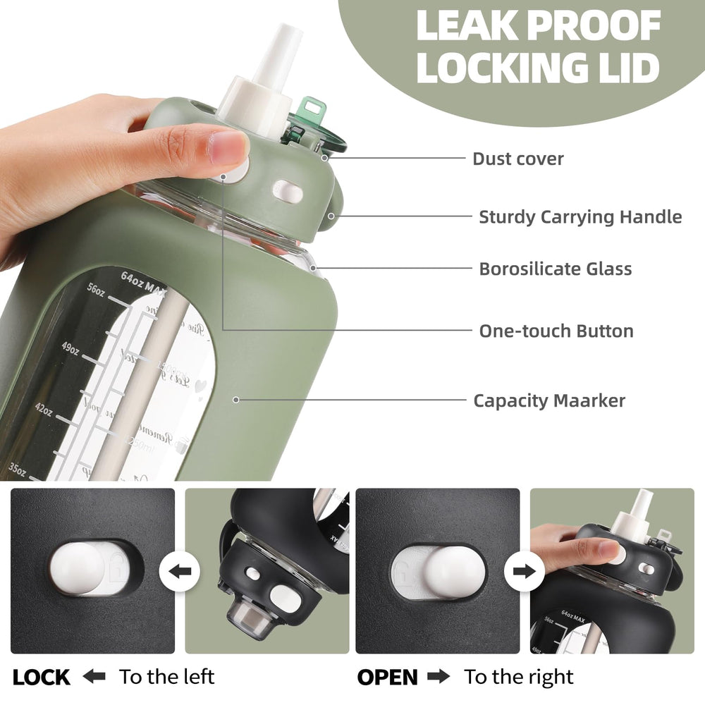 SIEROZUR lid and straw detail showing lock button and spillproof benefit
