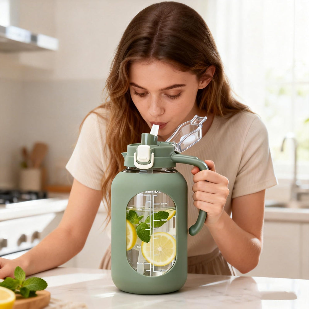 SIEROZUR bottle next to drinking glass for size comparison and capacity context