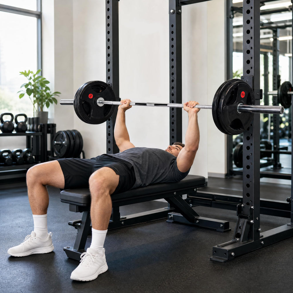 Signature Fitness plates in a garage gym setup illustrating practical home strength training