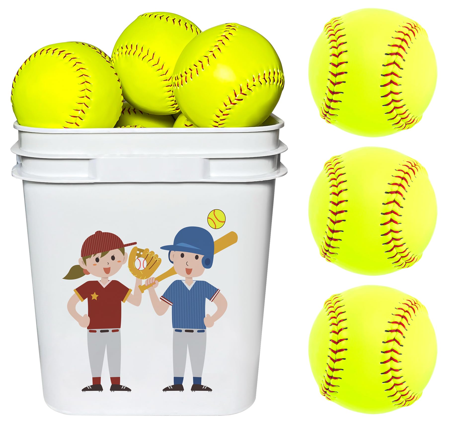 SIHEPETSHOPS bucket of 13 softballs showing packaging and easy transport benefit