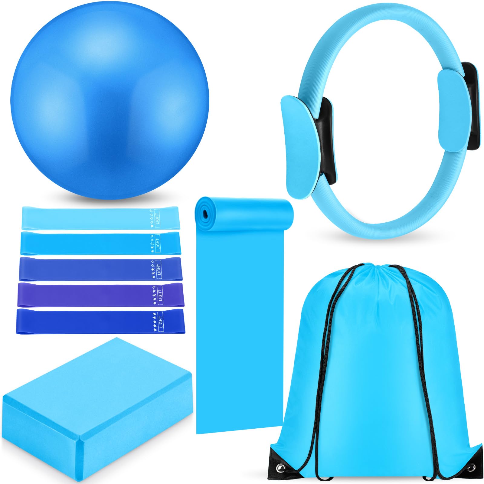 Silipull front view of full 10-piece blue Pilates set for compact workouts