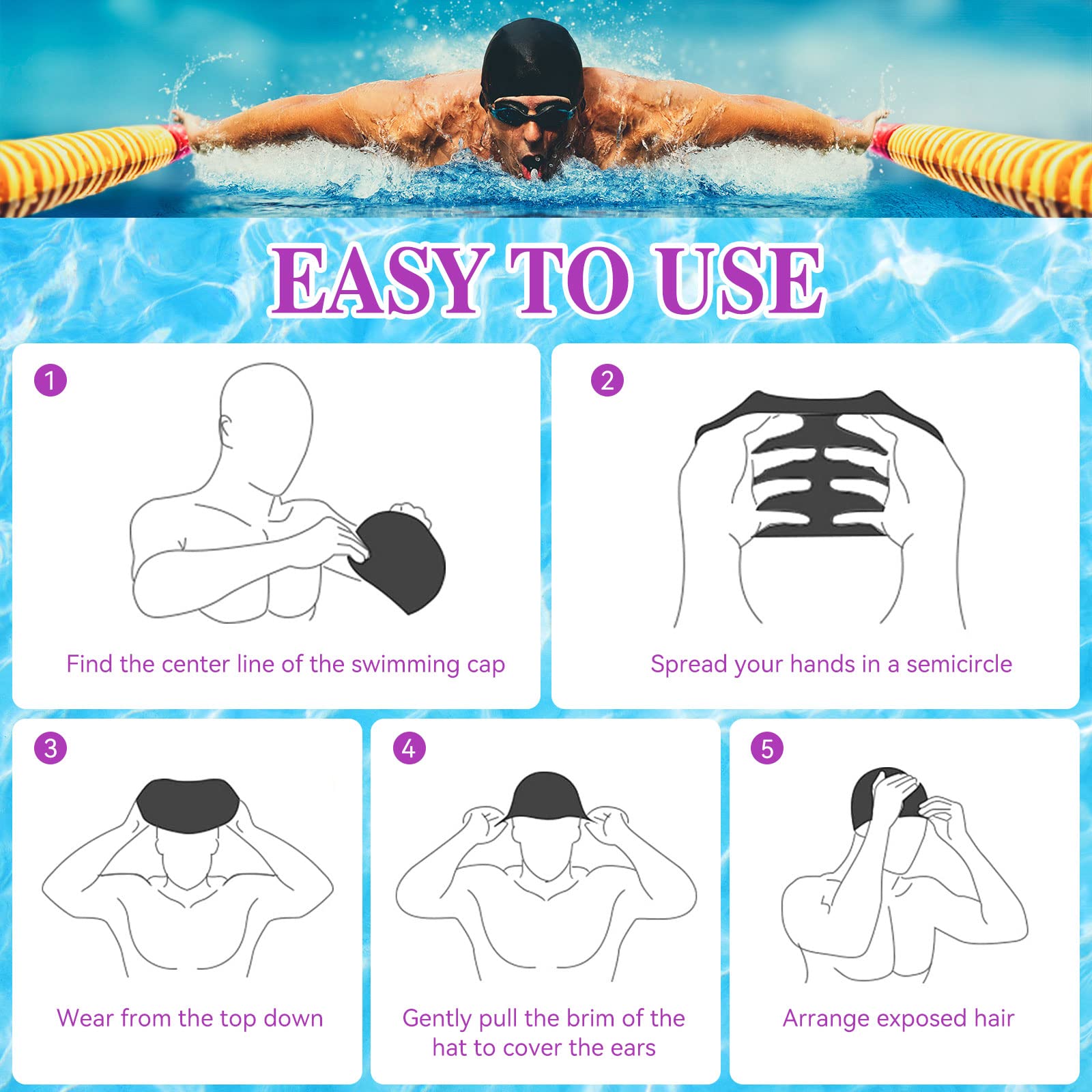 Silkfly cap on swimmer in pool showing non-slip secure fit benefit