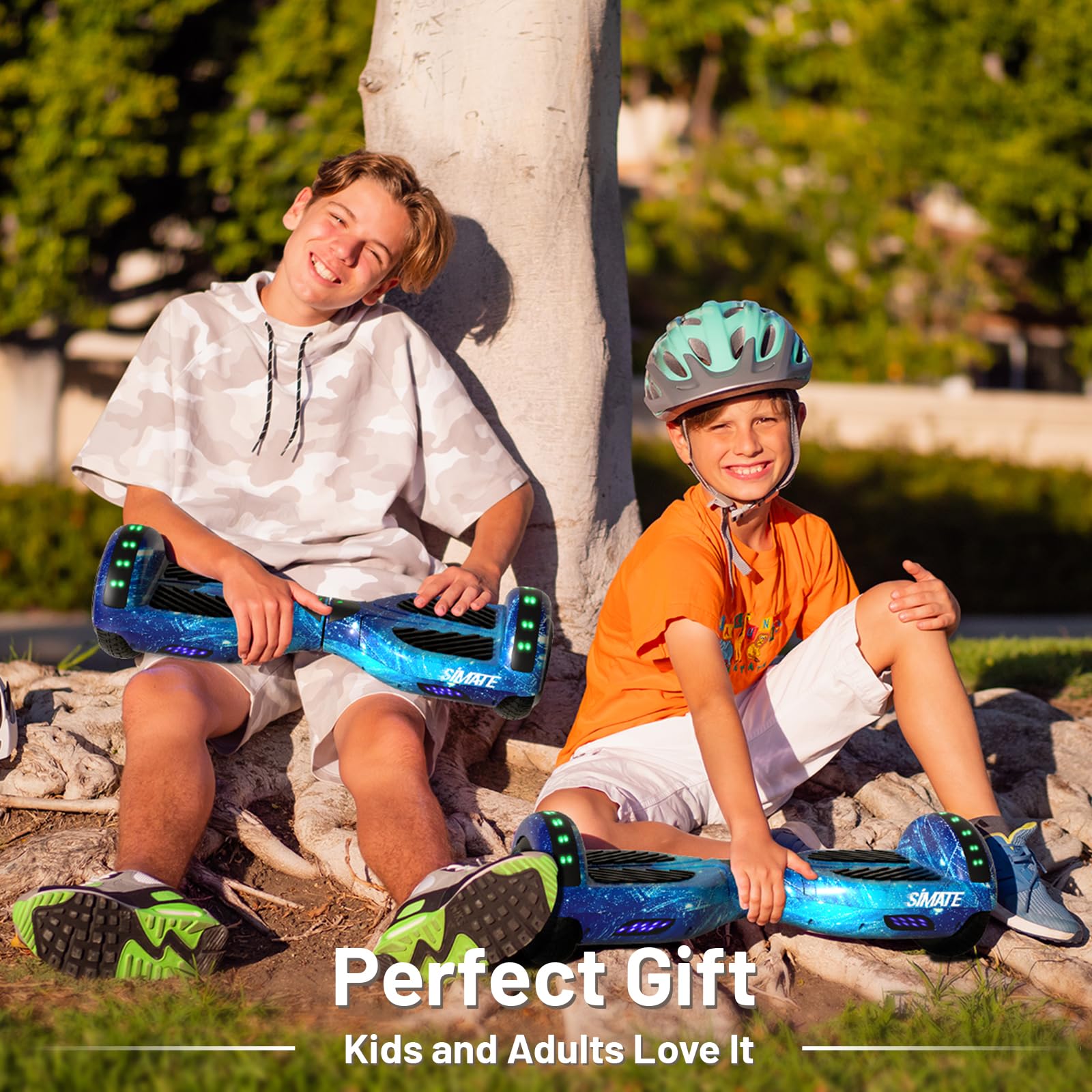 SIMATE hoverboard next to backpack showing compact size and portability benefits