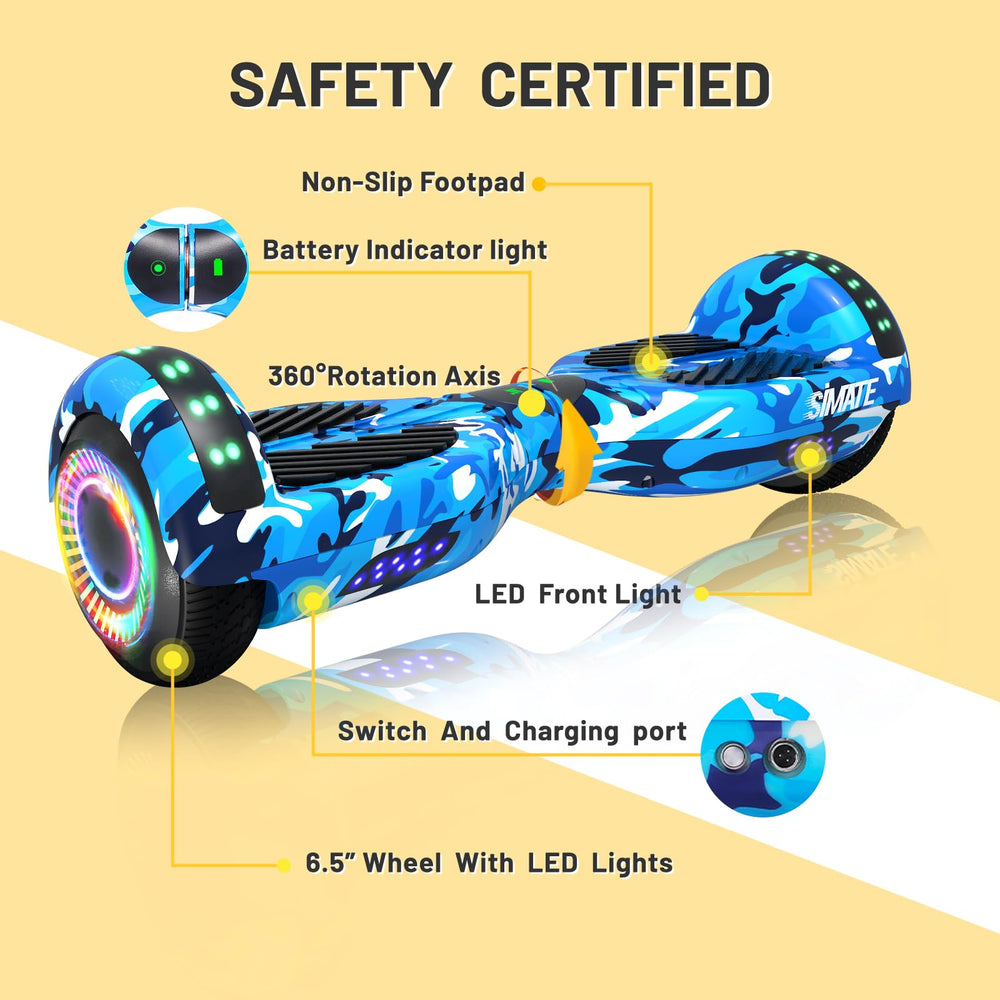SIMATE hoverboard next to backpack for size comparison and easy transport