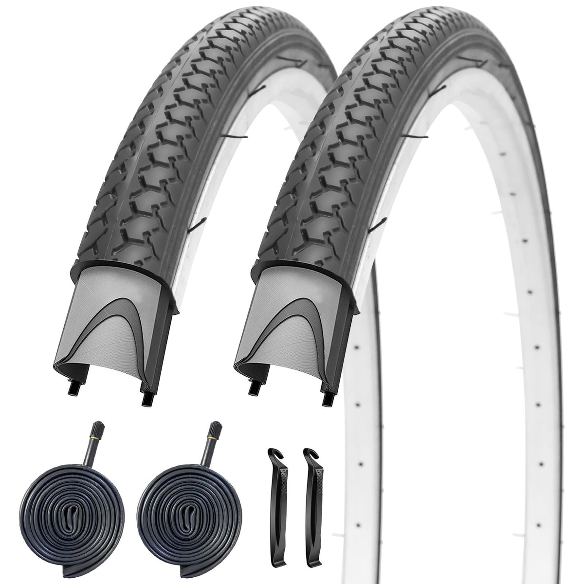 SIMEIQI front view of full tire set showing included tubes and levers, easy replacement benefit