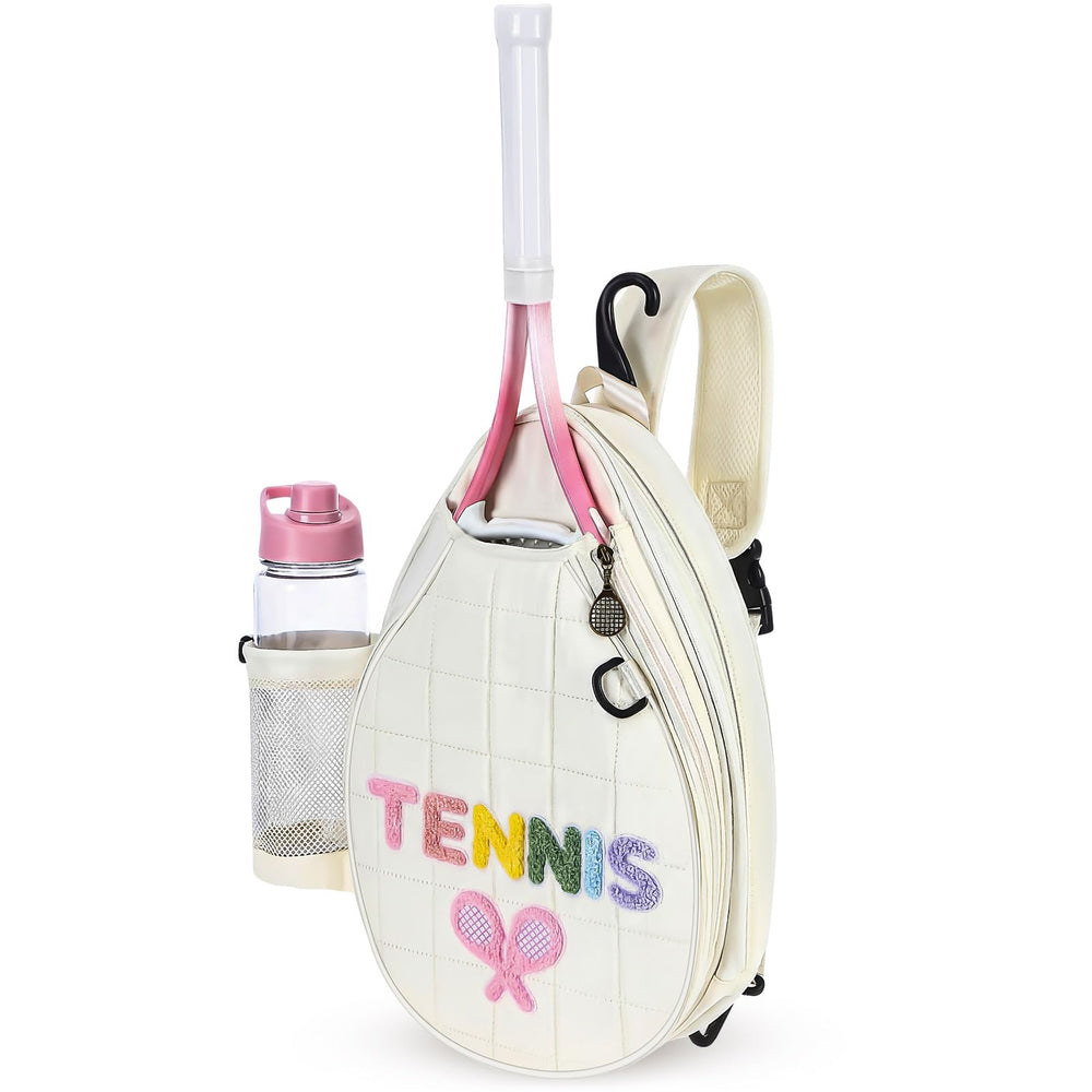 Simgoing white bag front view showing sleek quilted look and zipper pulls protecting rackets