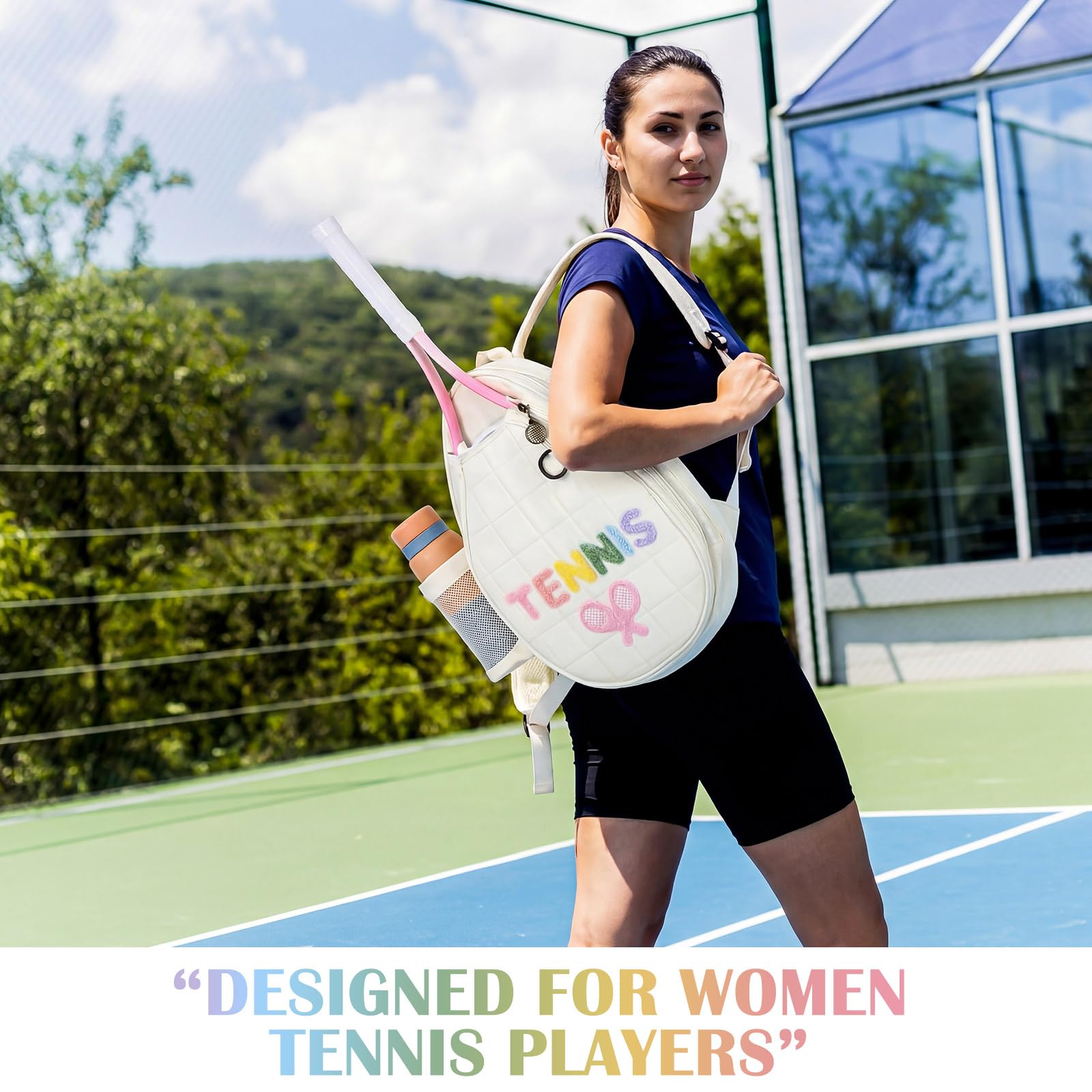 Simgoing bag worn on court beside racket demonstrating stylish protection and quick access