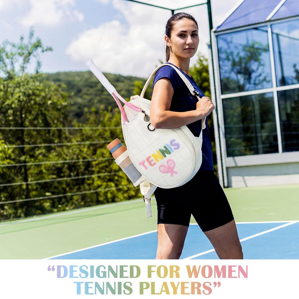 Simgoing bag worn on court beside racket demonstrating stylish protection and quick access
