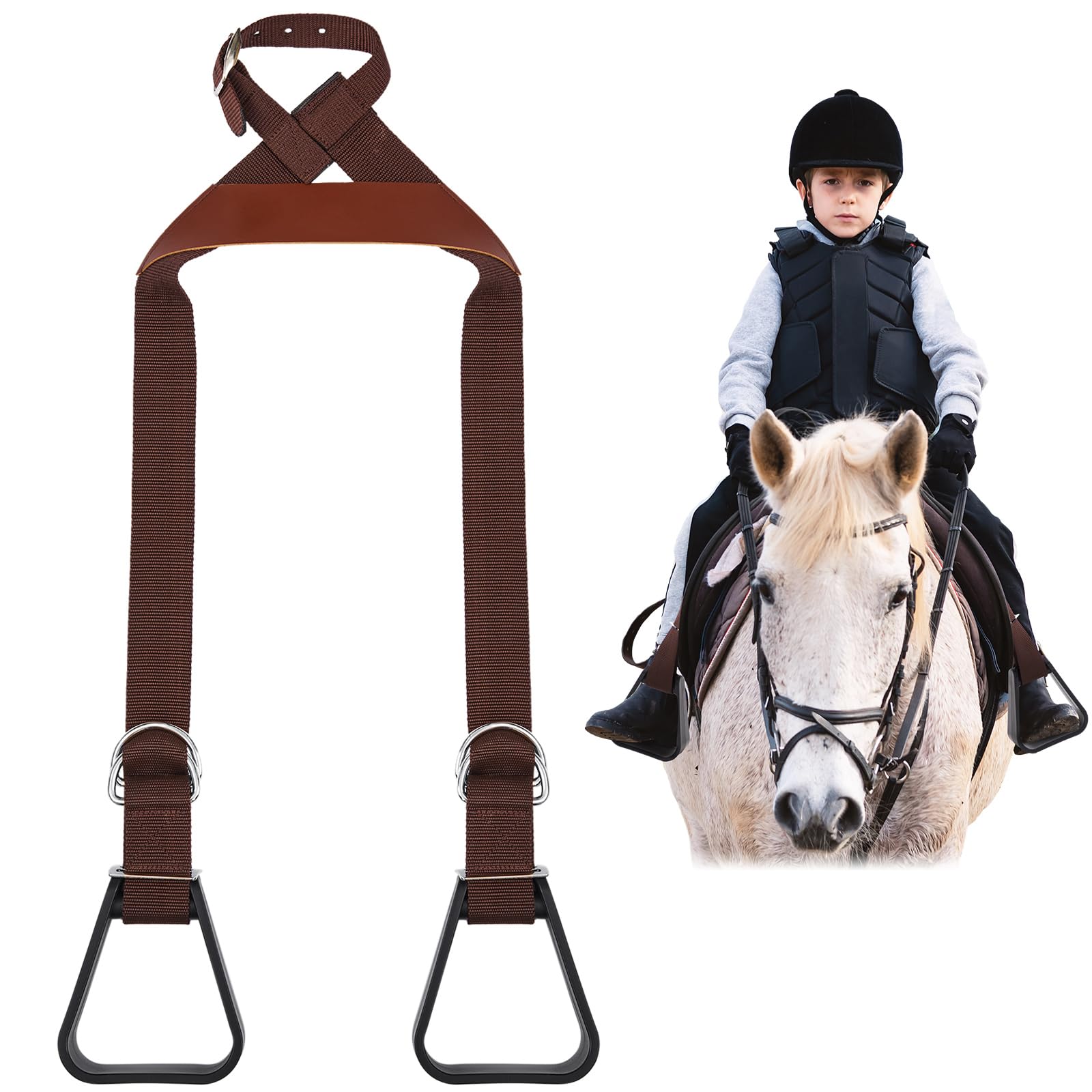 Simgoing front view brown stirrup showing secure foot platform and safety benefit
