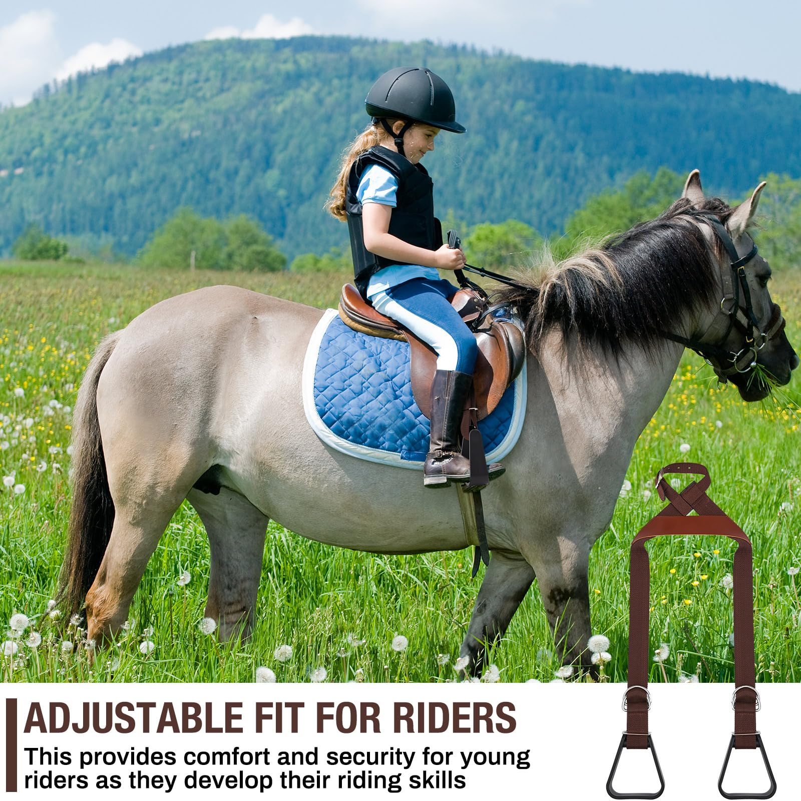 Simgoing stirrup size comparison beside ruler indicating adjustable length range