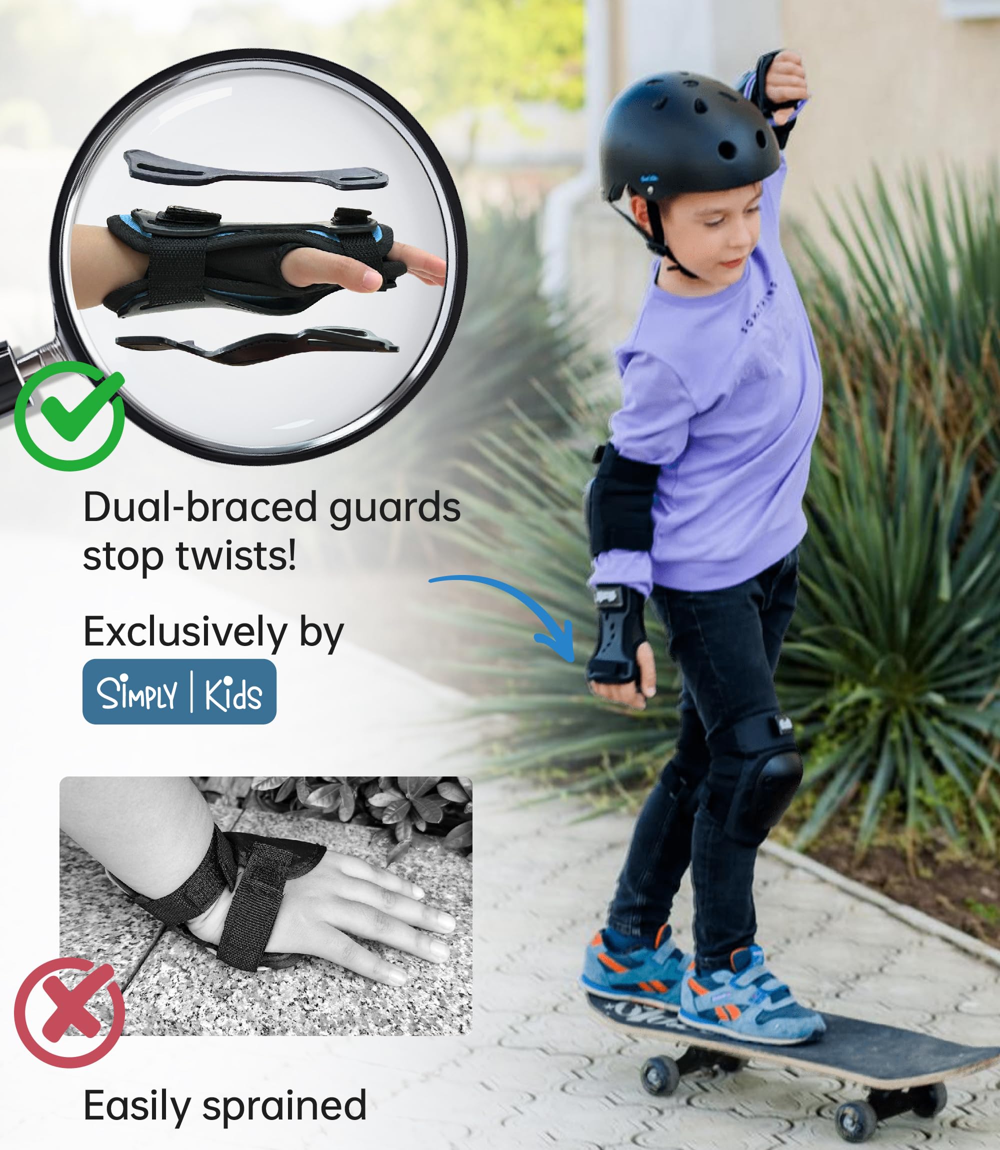 Simply Kids wrist guard detail showing twin splints for stabilized hand support