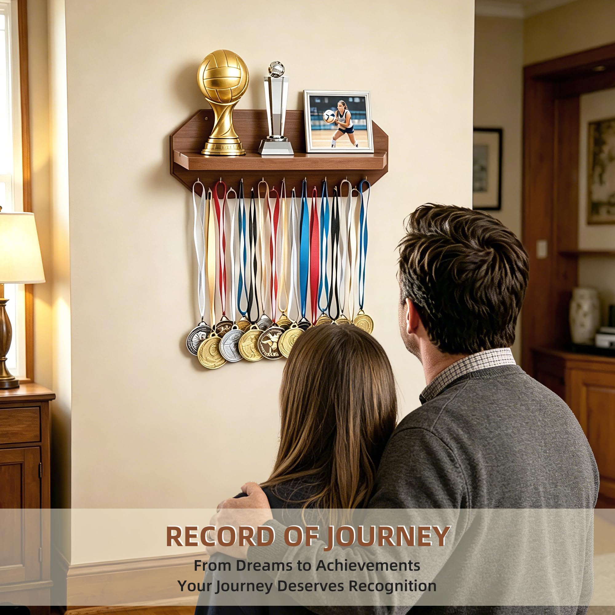 SINGBLA lifestyle shot in home gym highlighting organized award display benefit