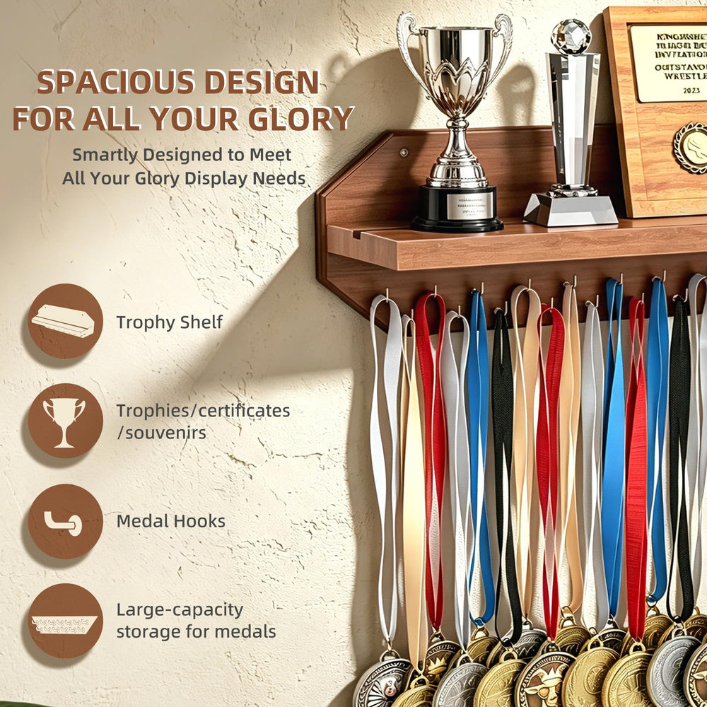 SINGBLA top shelf detail with anti-slip groove holding trophies securely