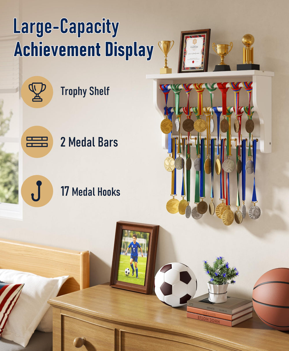 SINGBLA top shelf closeup holding trophies and photos for neat presentation