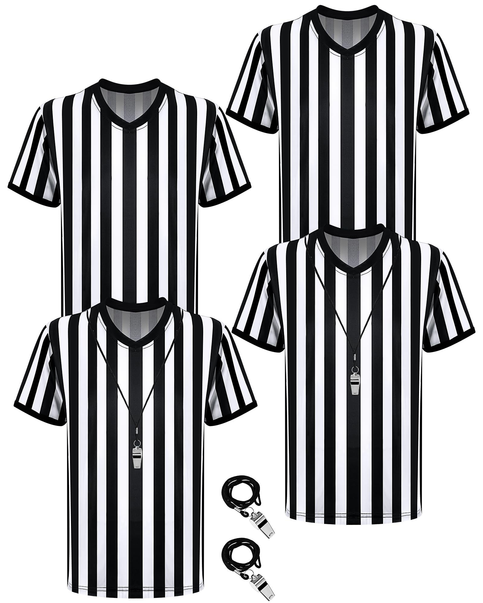 Sintege front view of four referee shirts showing clear black and white design and visibility