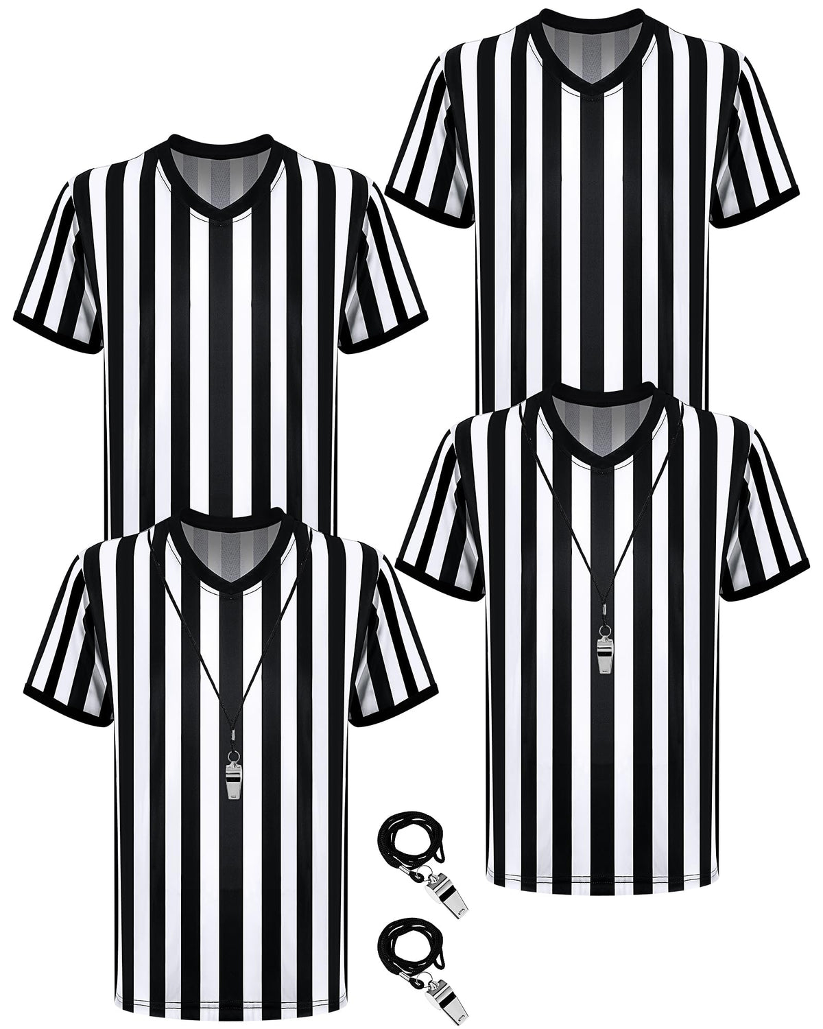 Sintege front view four silver referee shirts with whistles for quick outfitting benefit