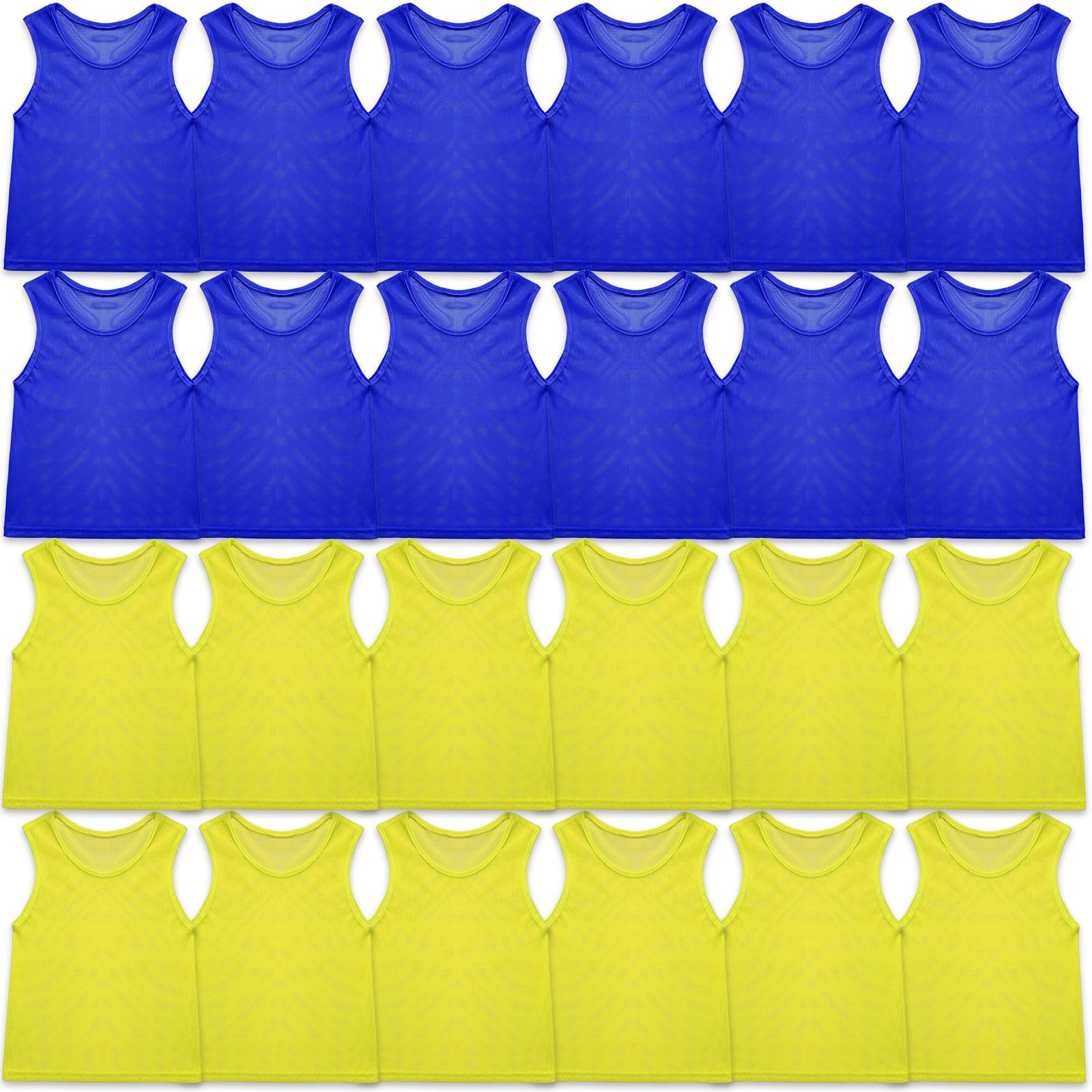 Sintege front view of yellow and blue pinnies showing team contrast and quick identification