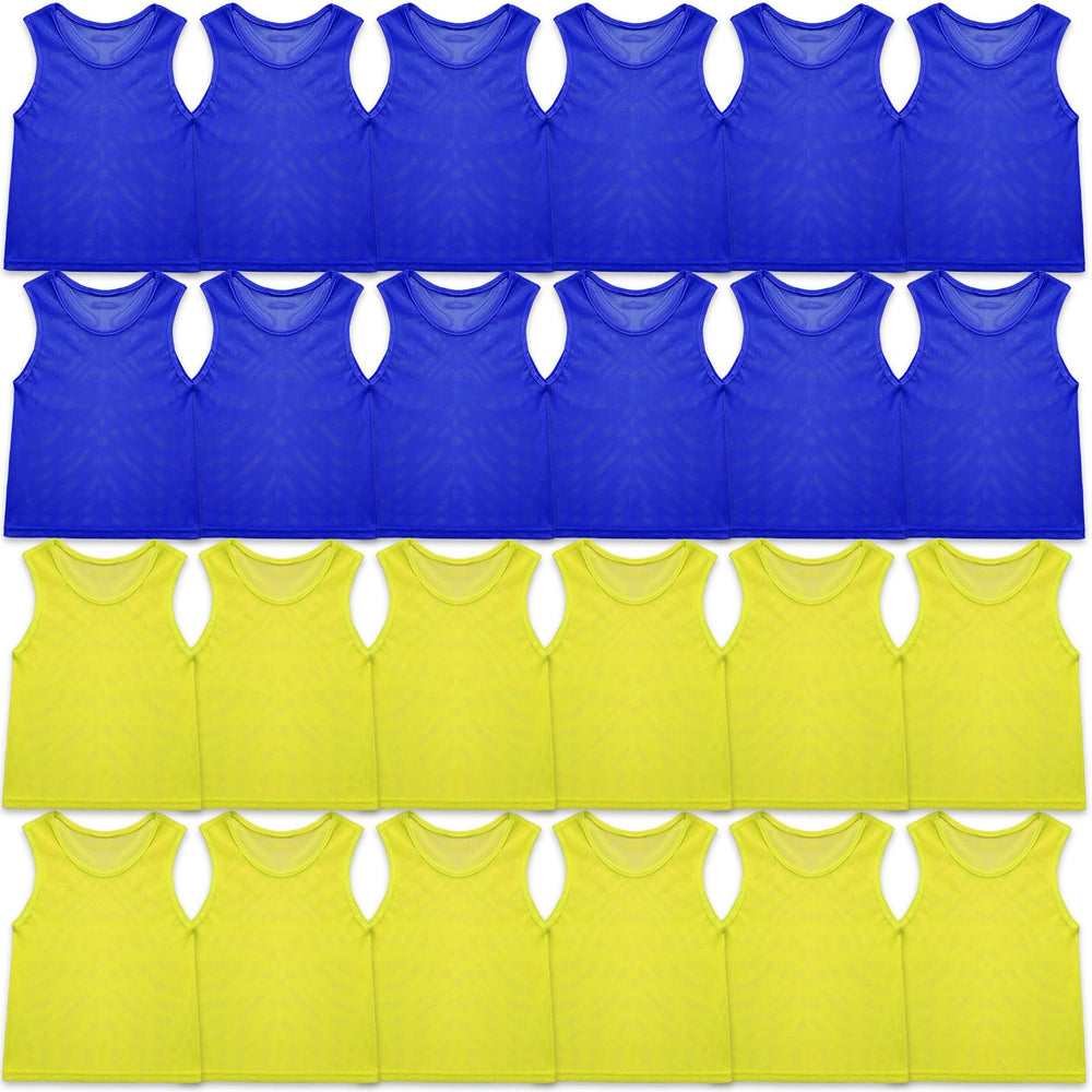 Sintege front view of yellow and blue pinnies showing team contrast and quick identification
