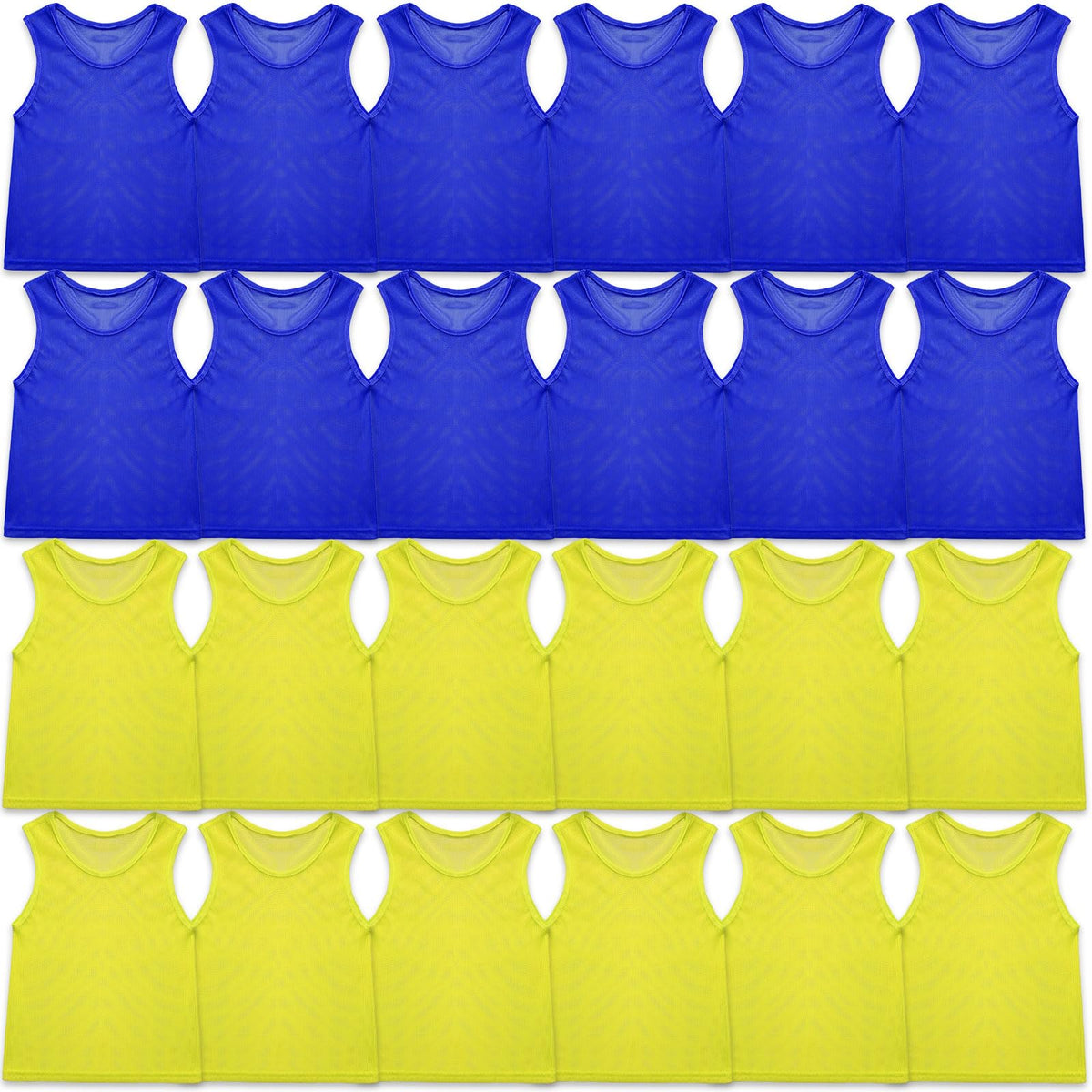 Sintege front view of yellow and blue pinnies showing team contrast and quick identification