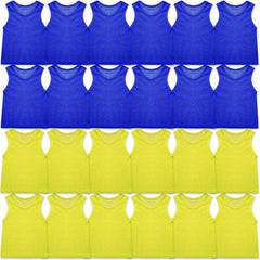 Sintege front view of yellow and blue pinnies showing team contrast and quick identification