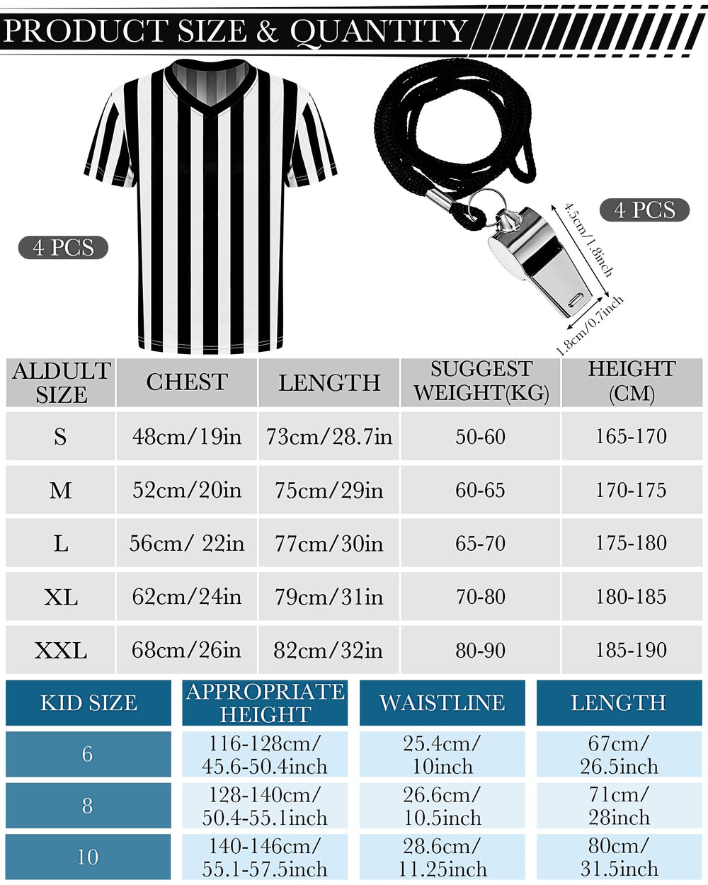 Sintege packaging showing four shirts and whistles packed together for convenient storage