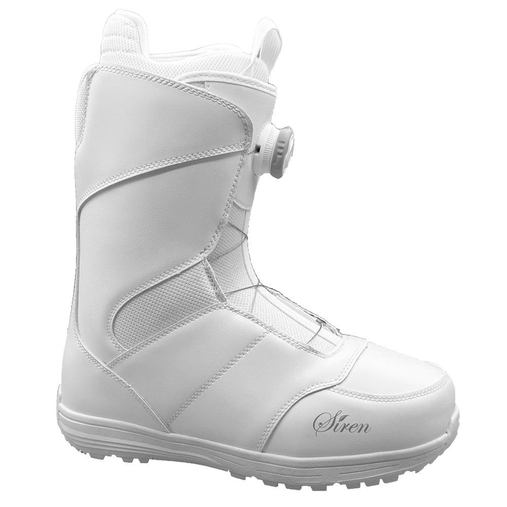 Siren Lux front profile boot showing white shell and Pro Twist dial, comfortable fit