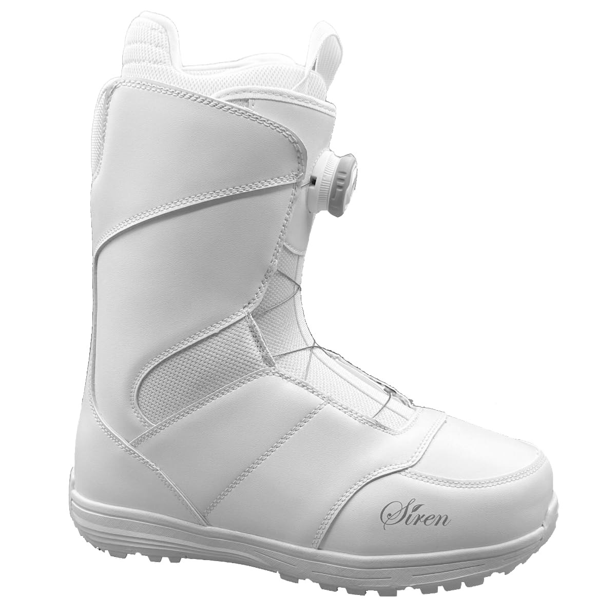 Siren Lux front profile boot showing white shell and Pro Twist dial, comfortable fit