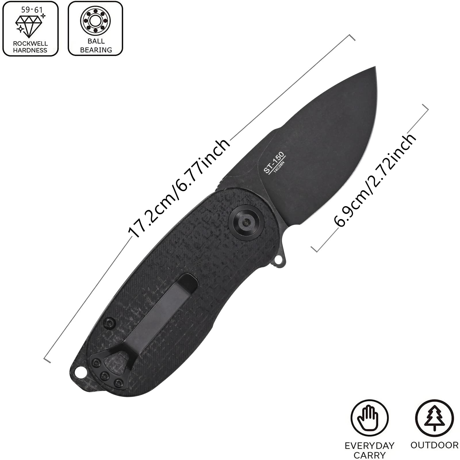 Sitivien blade closeup of Sandvik 14C28N stonewashed edge for lasting sharpness