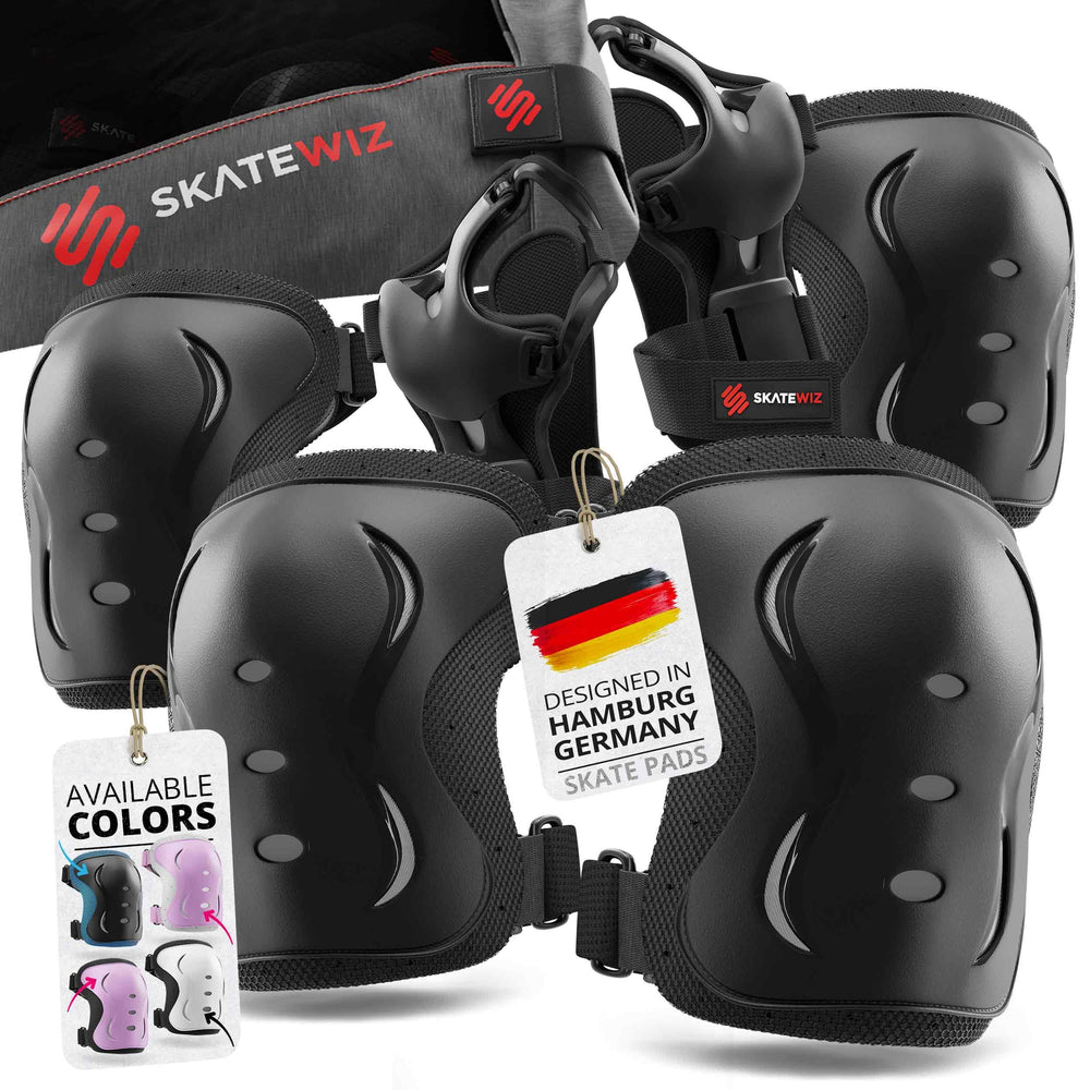 SKATEWIZ front view of knee elbow wrist pad set shows compact protection