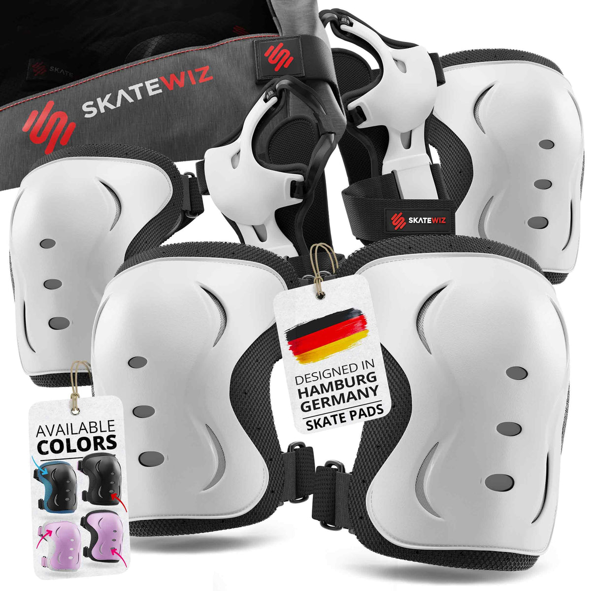 SKATEWIZ front view of white size S pad set showing full kit and clean design benefits