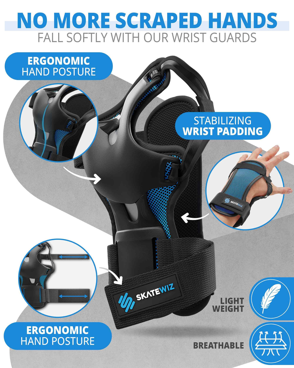 SKATEWIZ pad next to adult hand showing size and scale