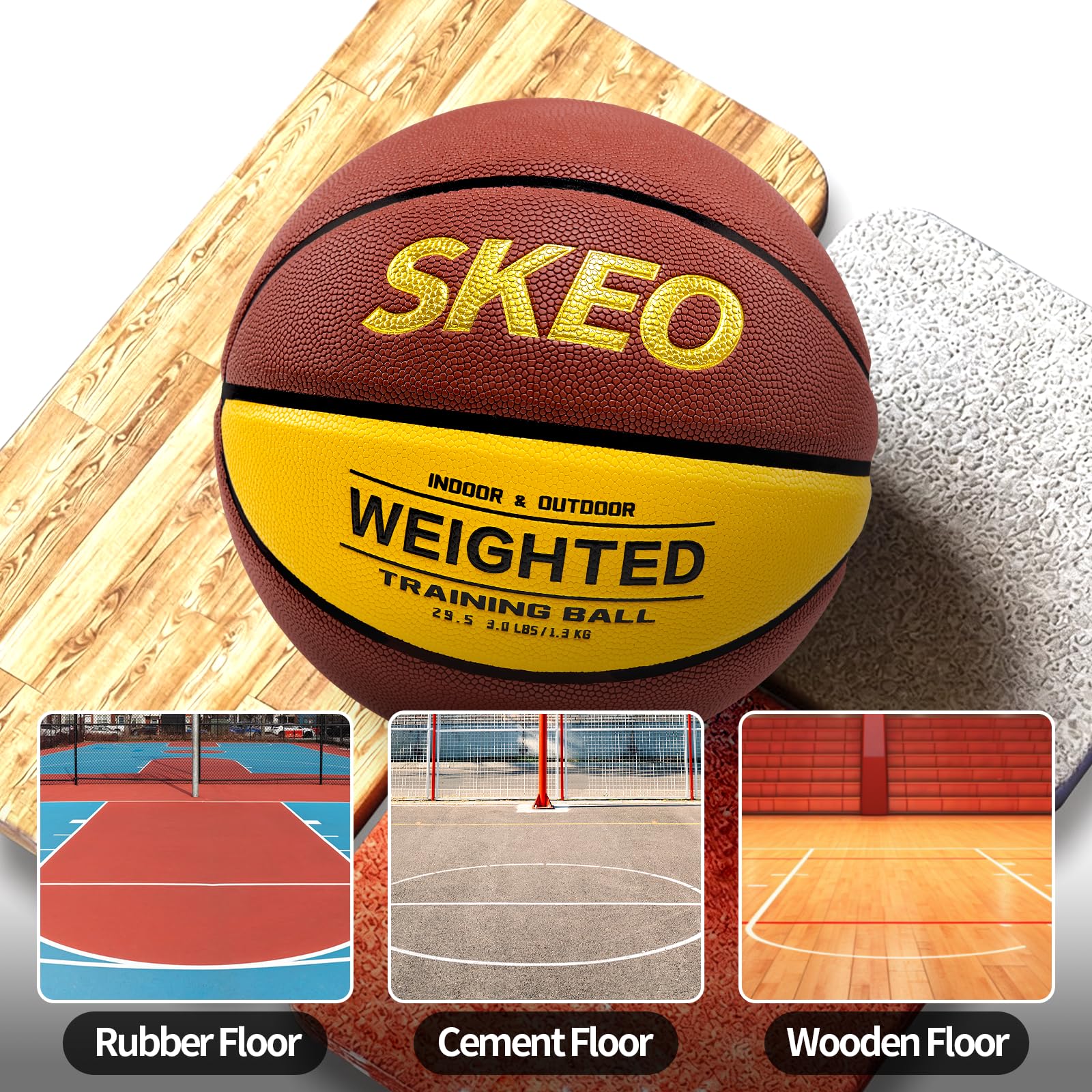 SKEO ball being handled on a gym floor illustrating controlled indoor training