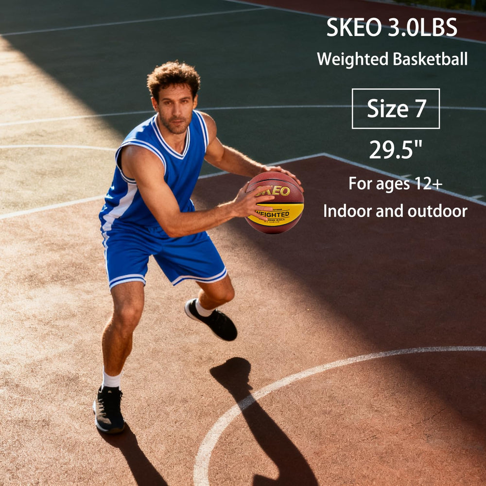 SKEO weighted basketball dribbling on asphalt demonstrating durability outdoors