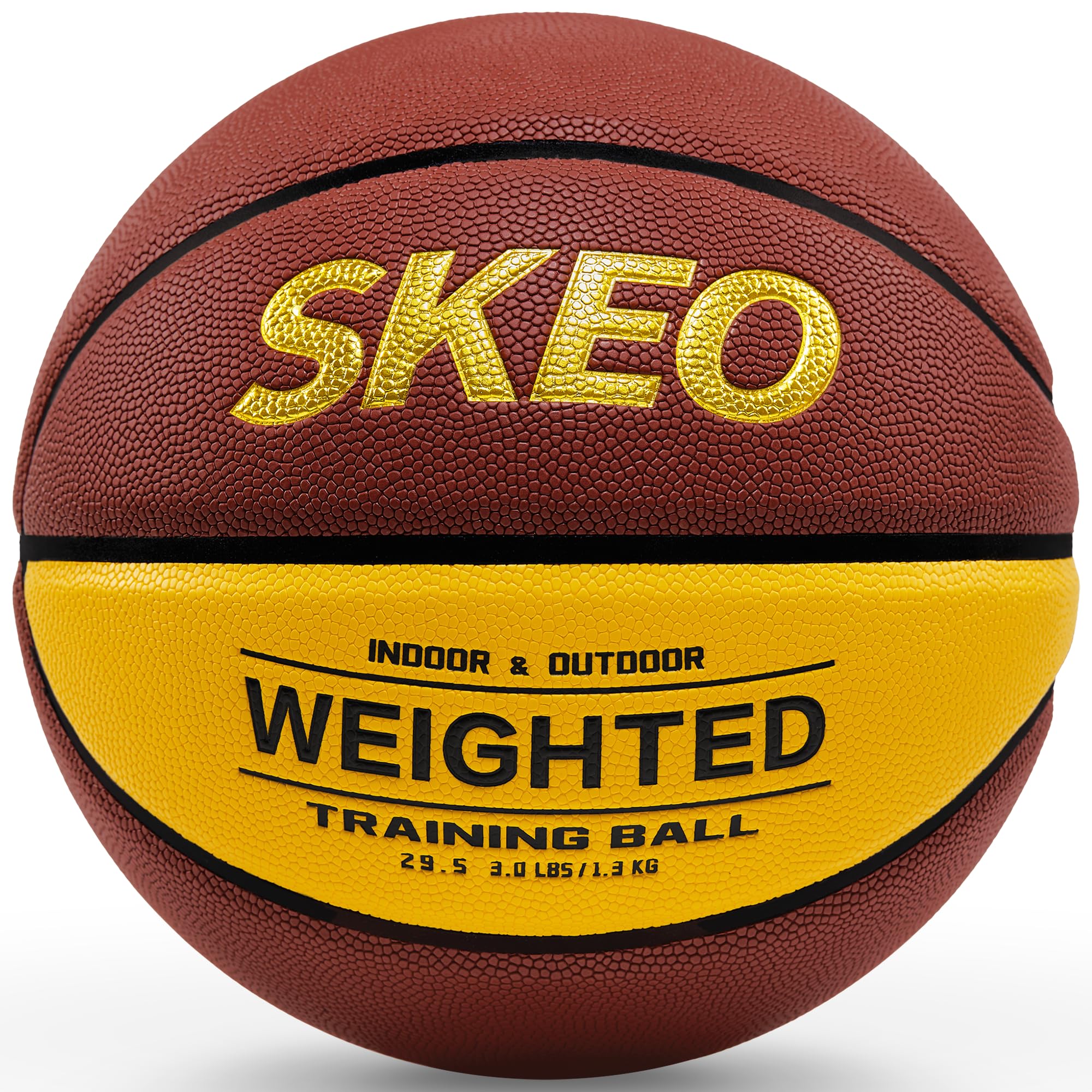 SKEO front view of weighted basketball showing regulation size and bold color