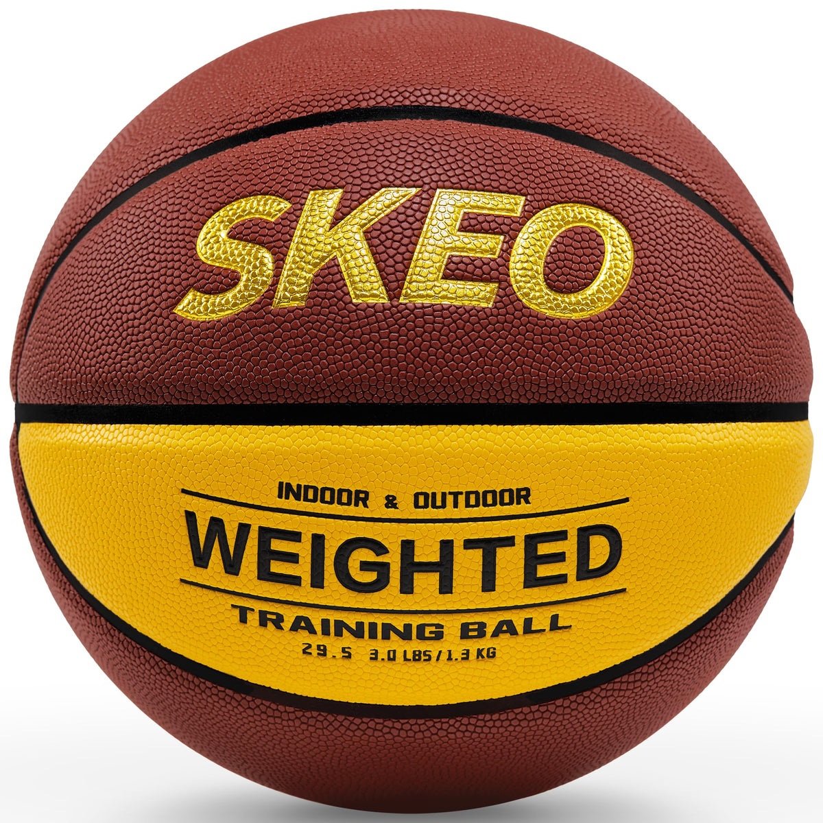 SKEO front view of weighted basketball showing regulation size and bold color