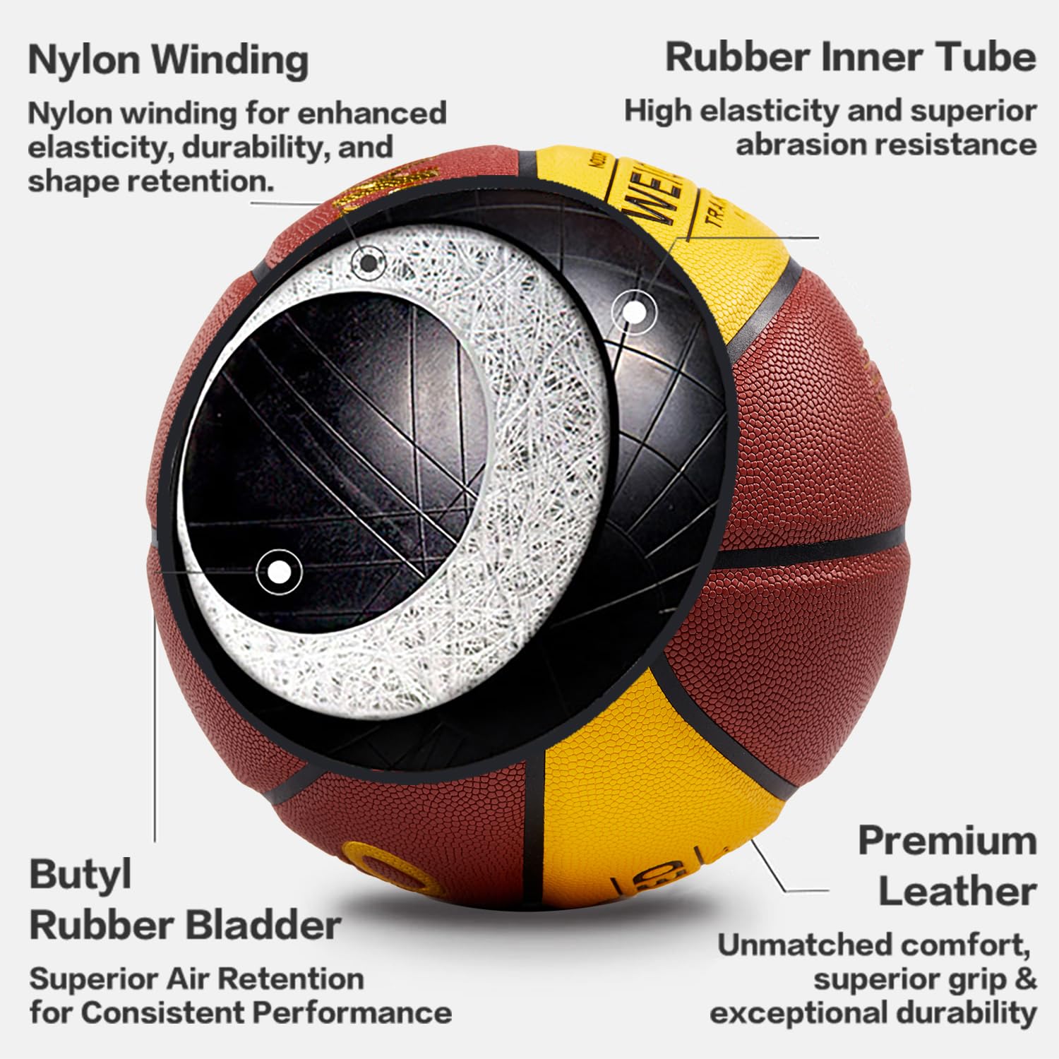 SKEO basketball next to ruler showing 29.5 inch scale for size accuracy
