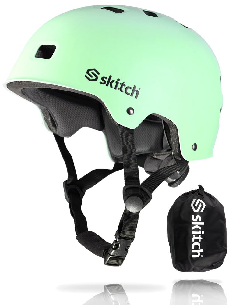 SKITCH helmet front view showing mint color and sleek shell for visible protection