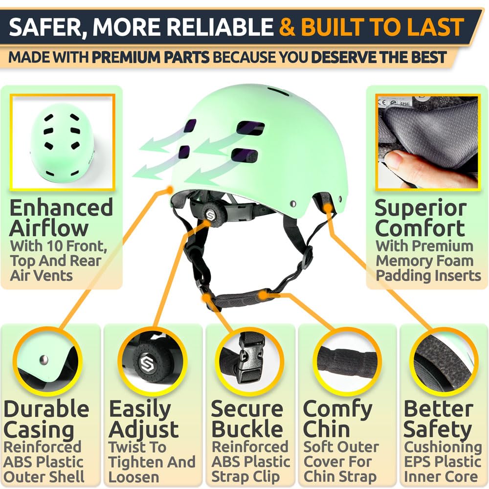 SKITCH helmet next to measuring tape for size comparison and correct fit
