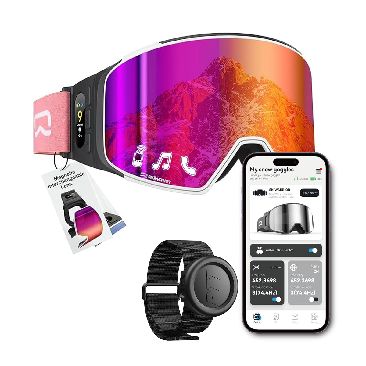 SKIWARRIOR front view of pink goggles showing full-frame comfort and style