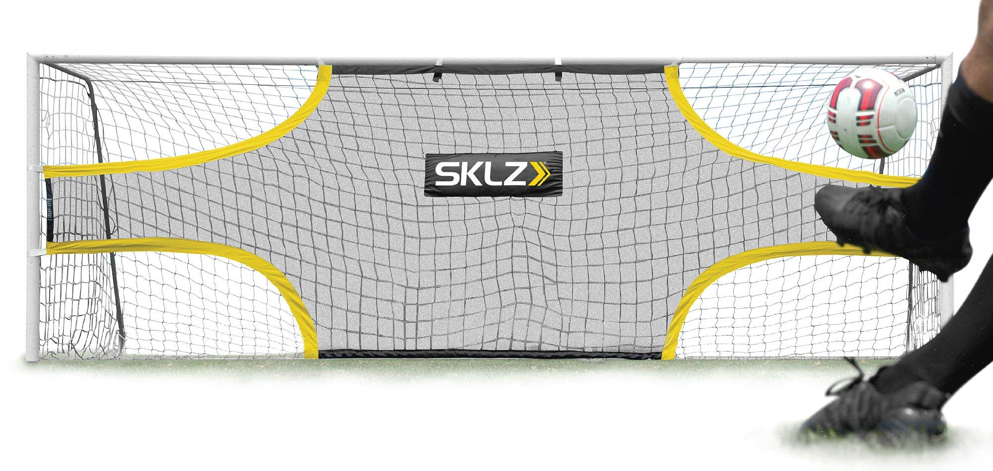 SKLZ front view of Goalshot fitted to a 24x8 goal showing focused target zones