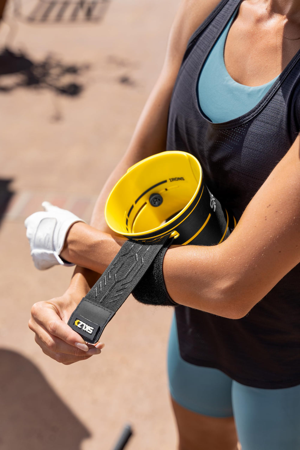 SKLZ alignment guide label showing foot and arm positioning benefit