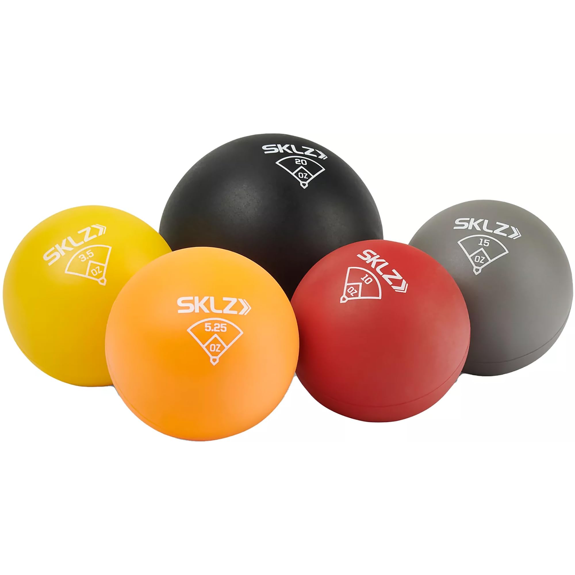 SKLZ throwing plyo balls front set showing five weighted balls for progressive training benefit