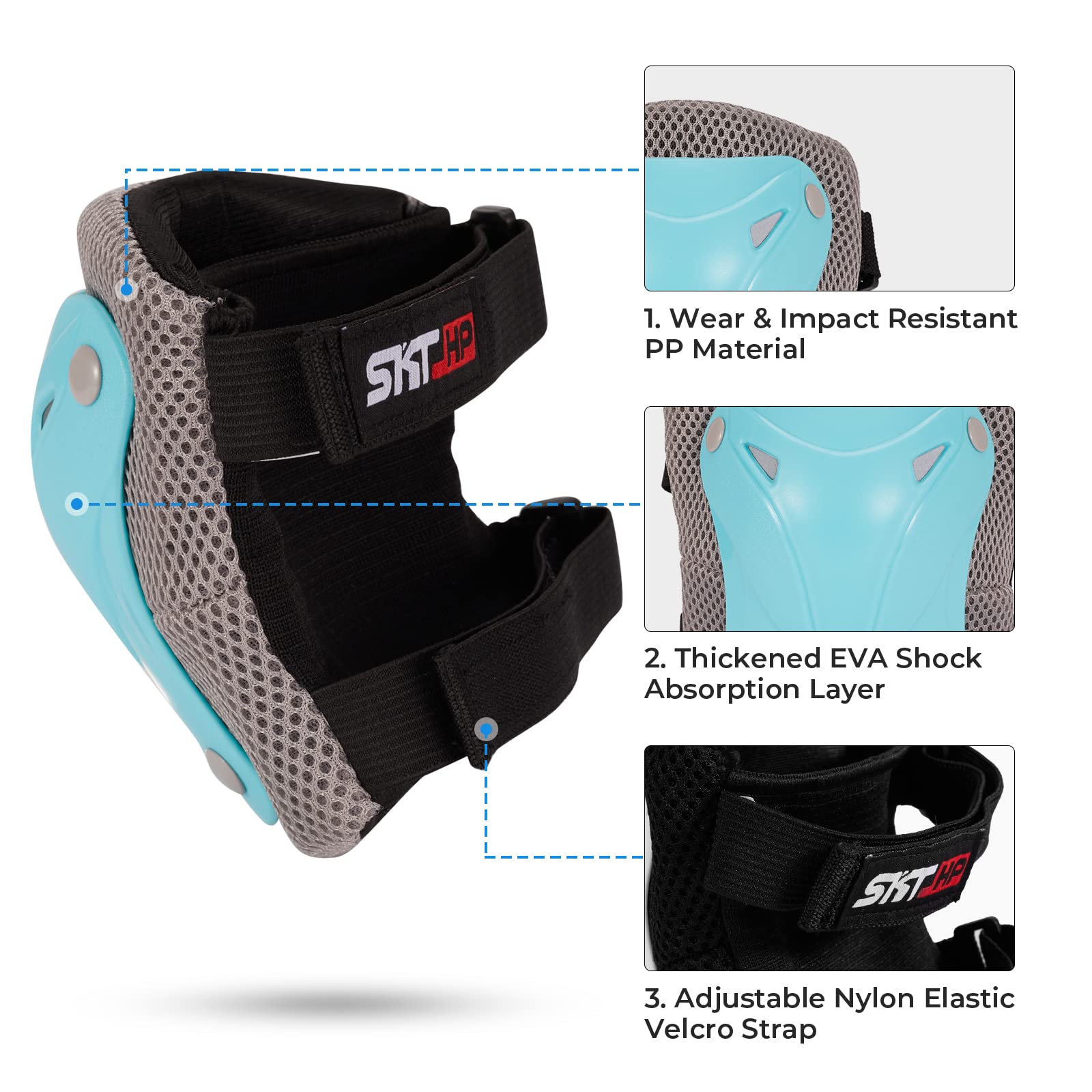 SKT HP elbow pad detail highlighting ergonomic shape and secure straps