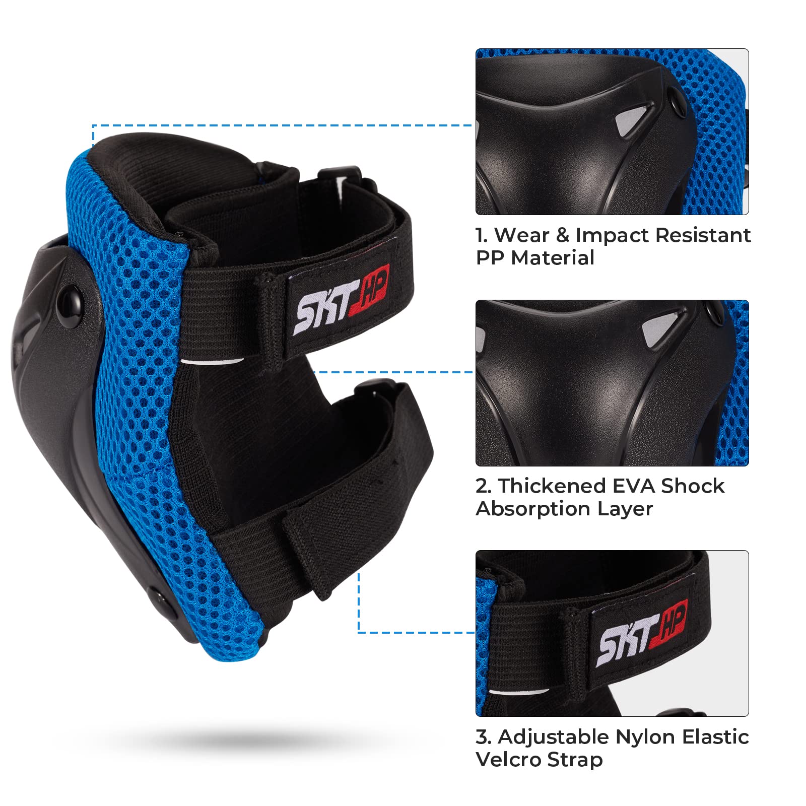 SKT HP elbow pad straps detail showing adjustable secure fit benefit