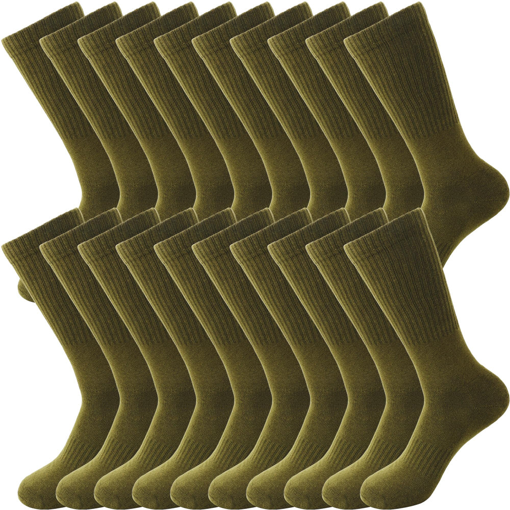 Skyebed front view of ten-pair pack showing green crew socks and clear benefit of quantity