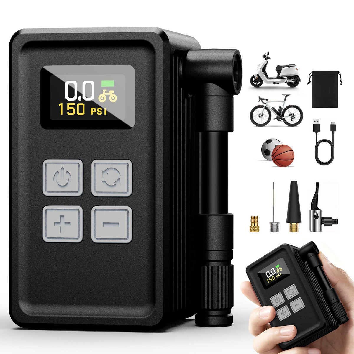 SKYJDM mini bike pump front view showing compact design and control buttons for fast inflation