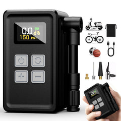 SKYJDM mini bike pump front view showing compact design and control buttons for fast inflation