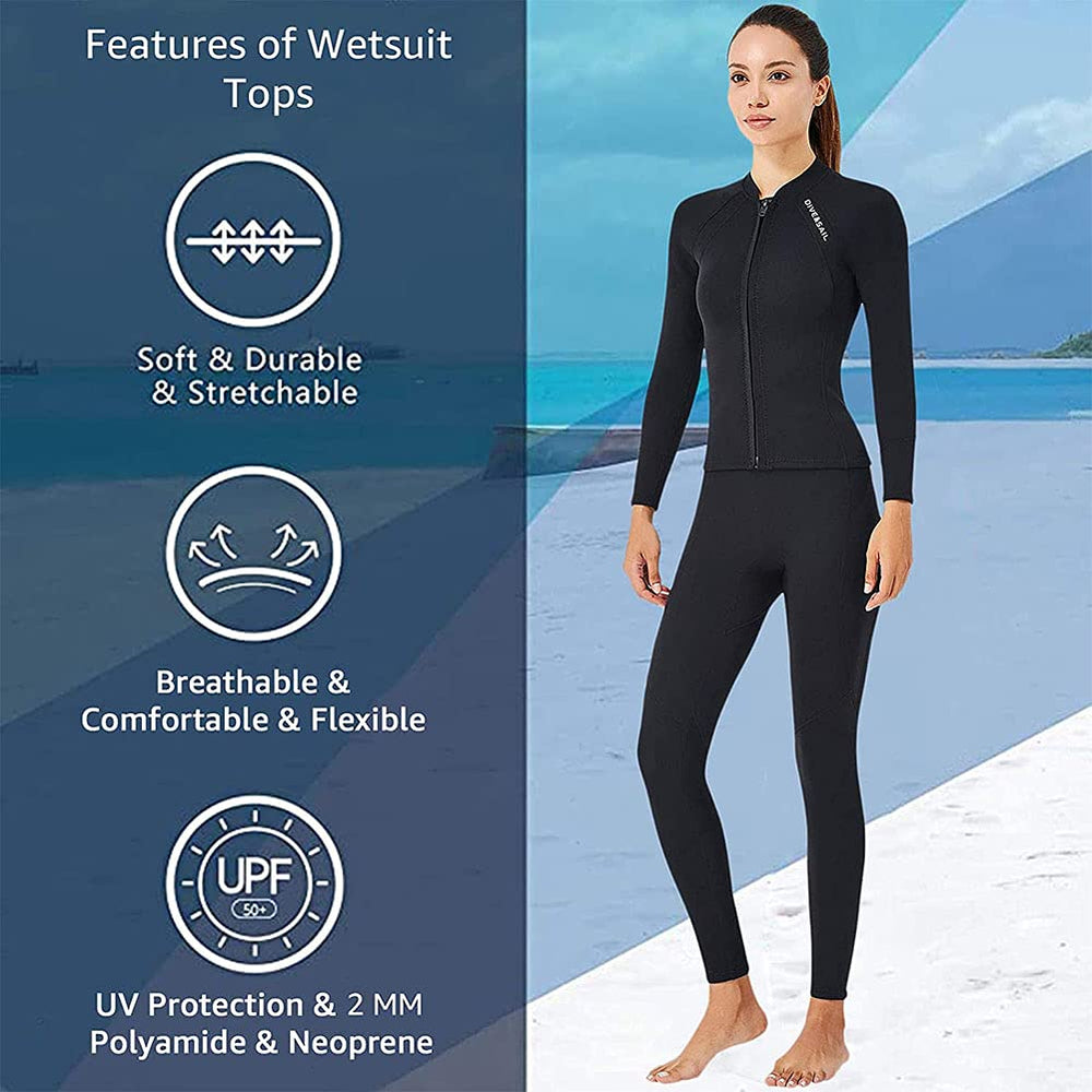 Skyone model wearing wetsuit top in water demonstrating mobility and coverage